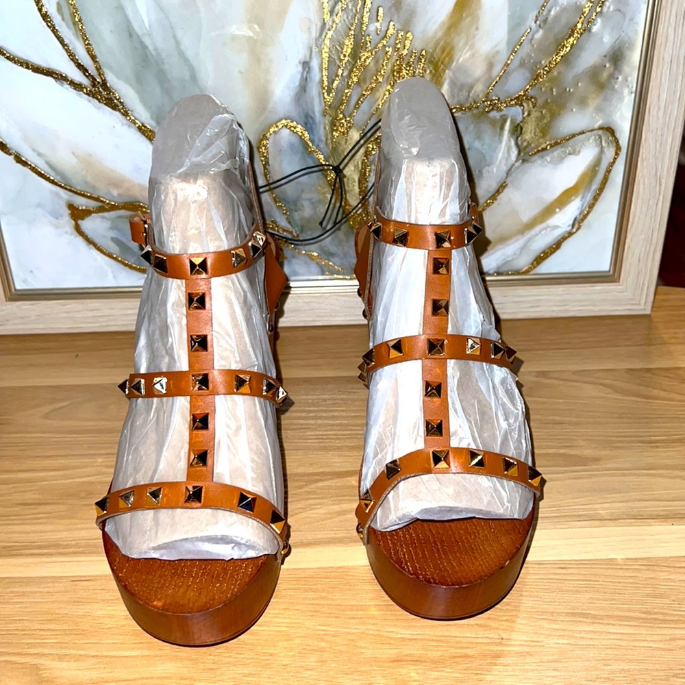 132. Madden Girl by Steve Madden Druid Studded Wedges, Cognac Brown